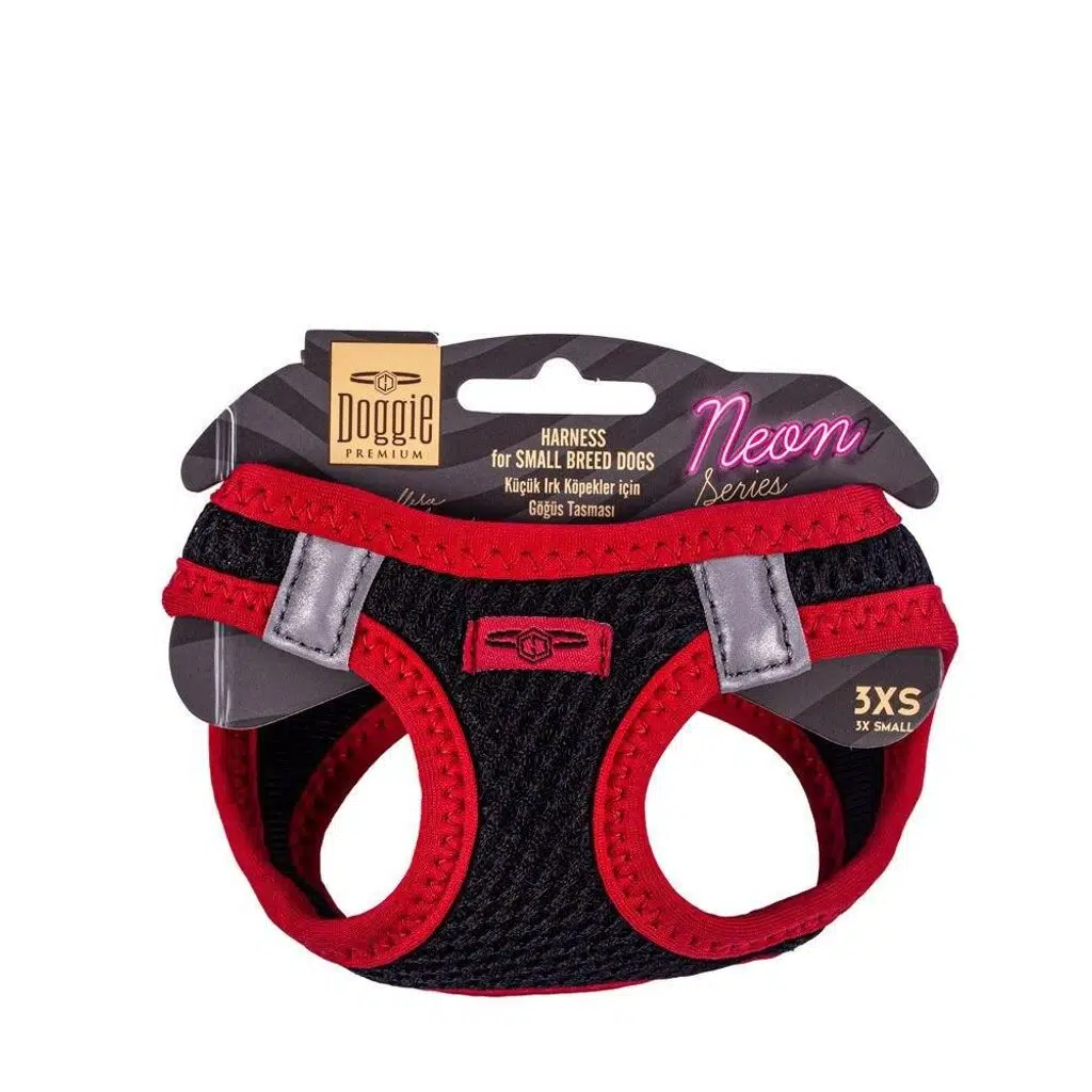 Doggie Havalı Dokuma Neon Serisi Küçük Irk Göğüs Tasması Kırmızı 3Xs-22-26Cm