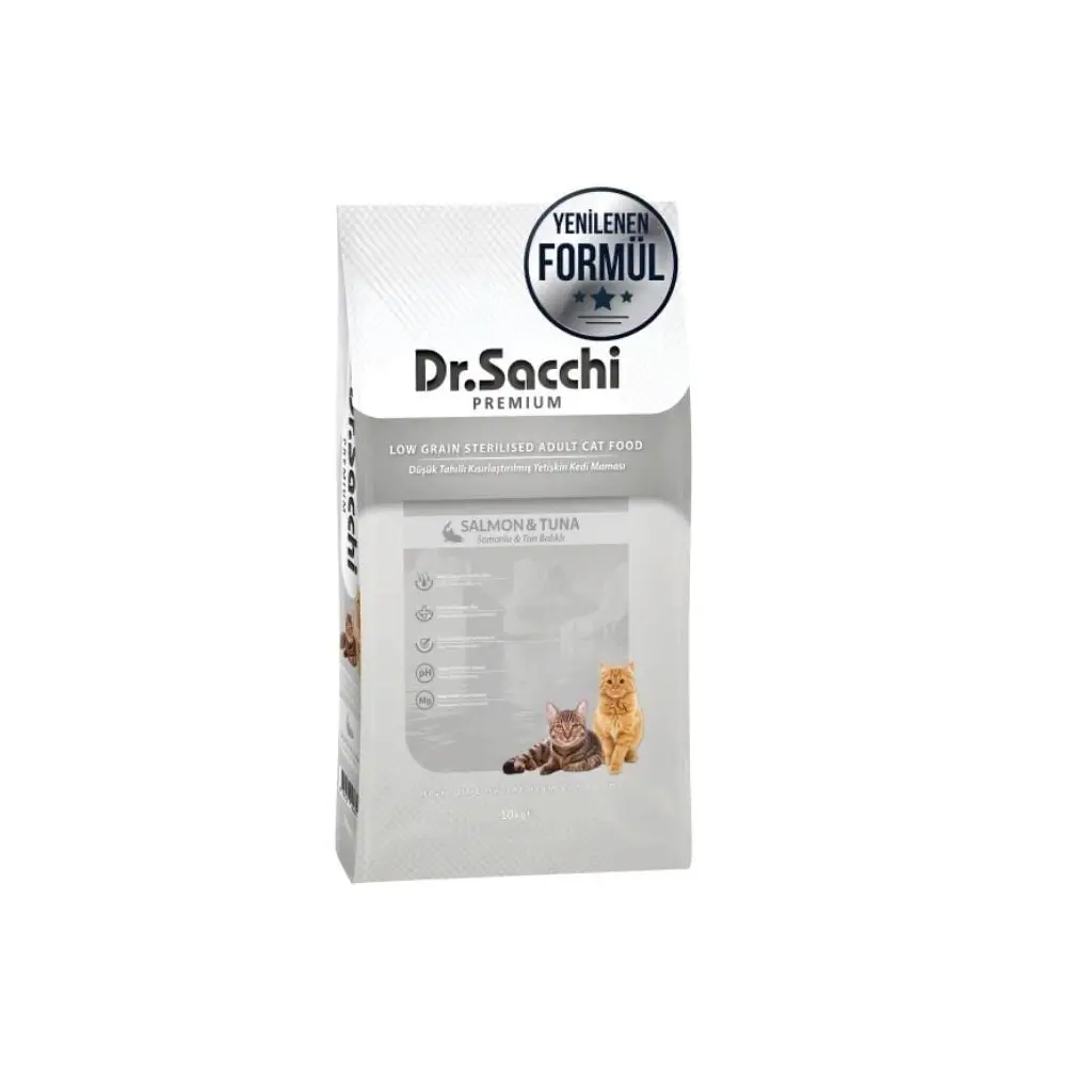Dr.Sacchi Premium Somonlu ve Ton Balıklı Düşük Tahıllı Kısırlaştırılmış Kedi Maması 10 Kg