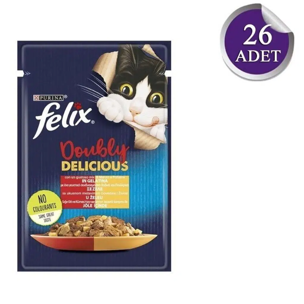 Felix Çifte Lezzet Tavuk ve Sığır Etli Yetişkin Kedi Konservesi 85gr 26'lı Paket