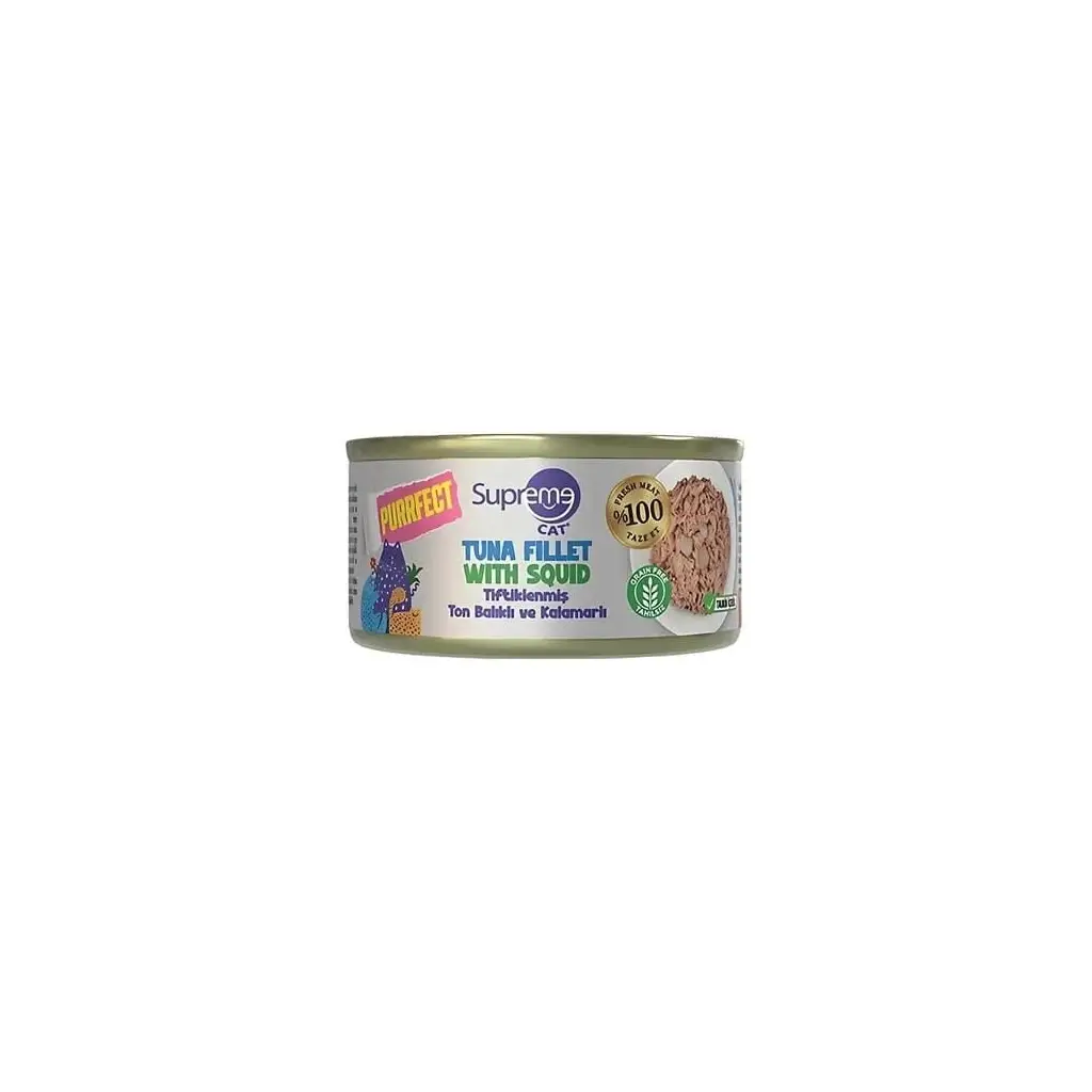Supreme Cat Premium Ton Balıklı ve Kalamarlı Tiftiklenmiş Yetişkin Kedi Konservesi 70 Gr