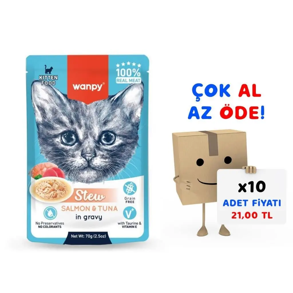 Wanpy Stew Pouch Ton Balıklı Somonlu Yaş Kedi Maması 70g 10'lu Paket