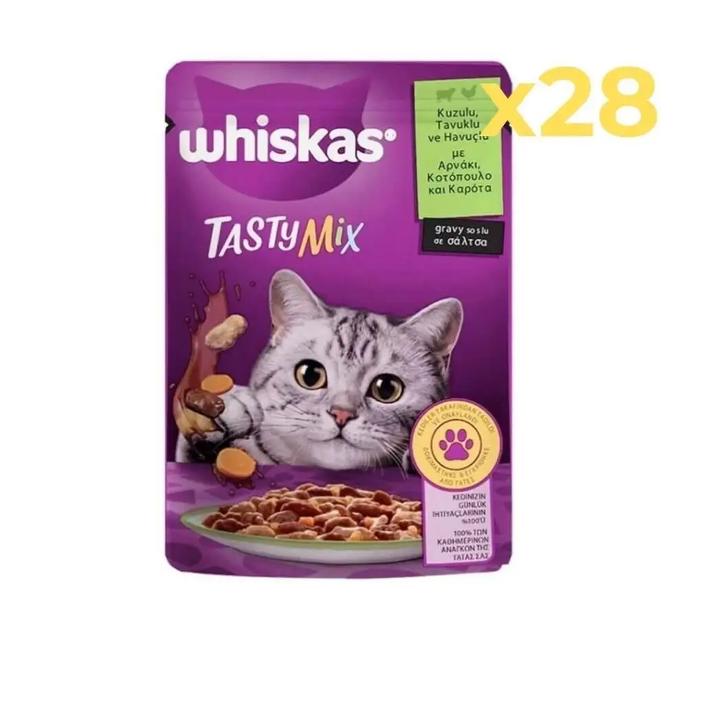 Whiskas Pouch TastyMix Sos İçinde Kuzulu Tavuklu ve Havuçlu Yetişkin Kedi Konservesi 85gr 28'li Paket
